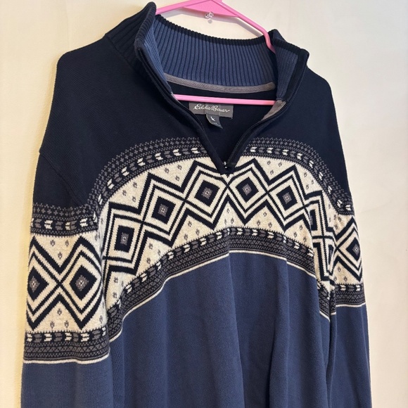 Eddie Bauer Fair Isle Nordic Quarter Zip Sweater Blue Color Block Mens Large - Picture 2 of 4